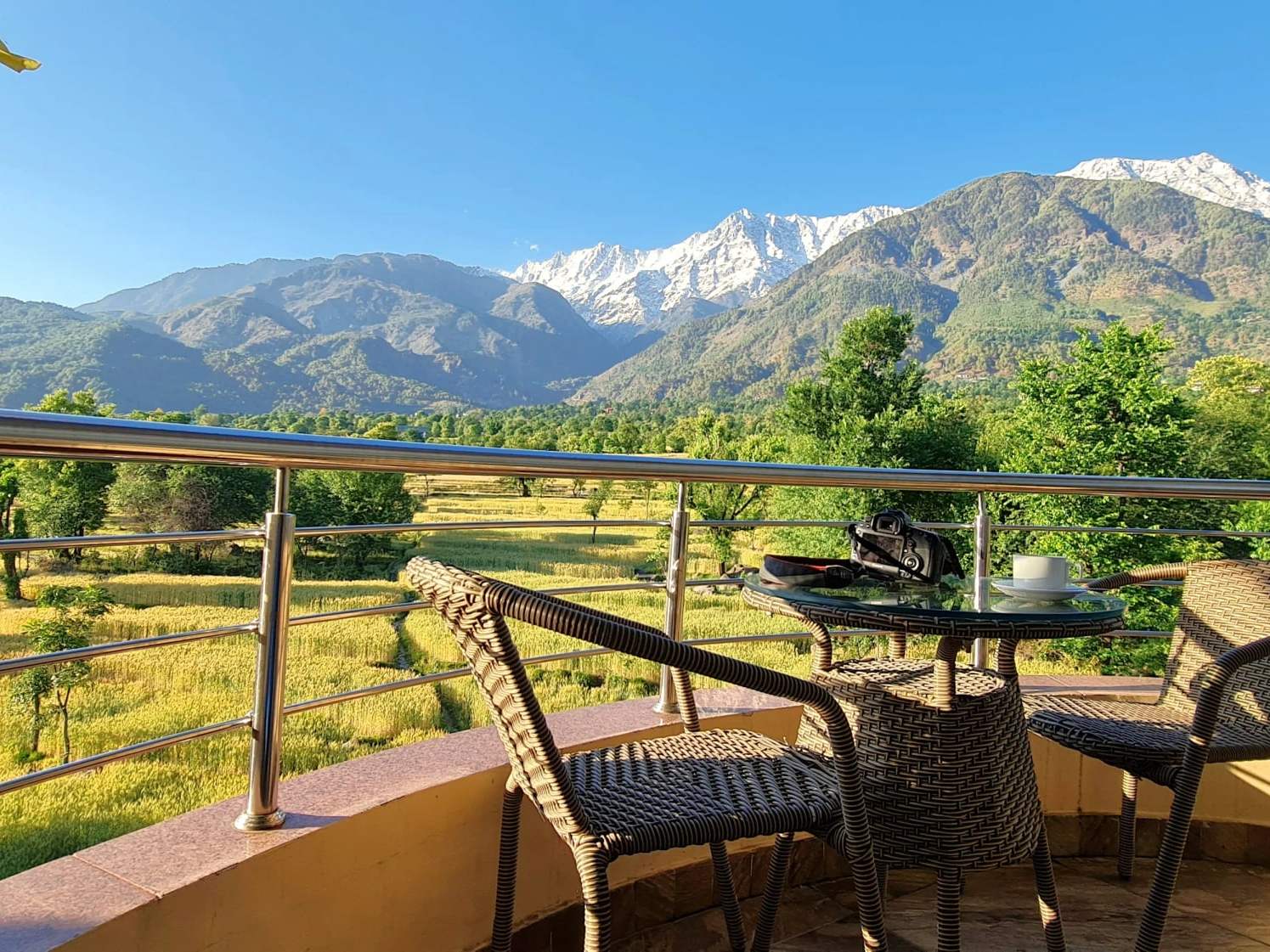 Balcony chairs at Quartz facing green fields and the snow-capped Dhauladhar