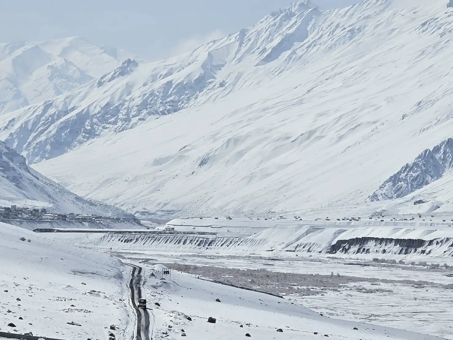 A narrow road through the snow-covered Spiti valley, with white mountains on every side