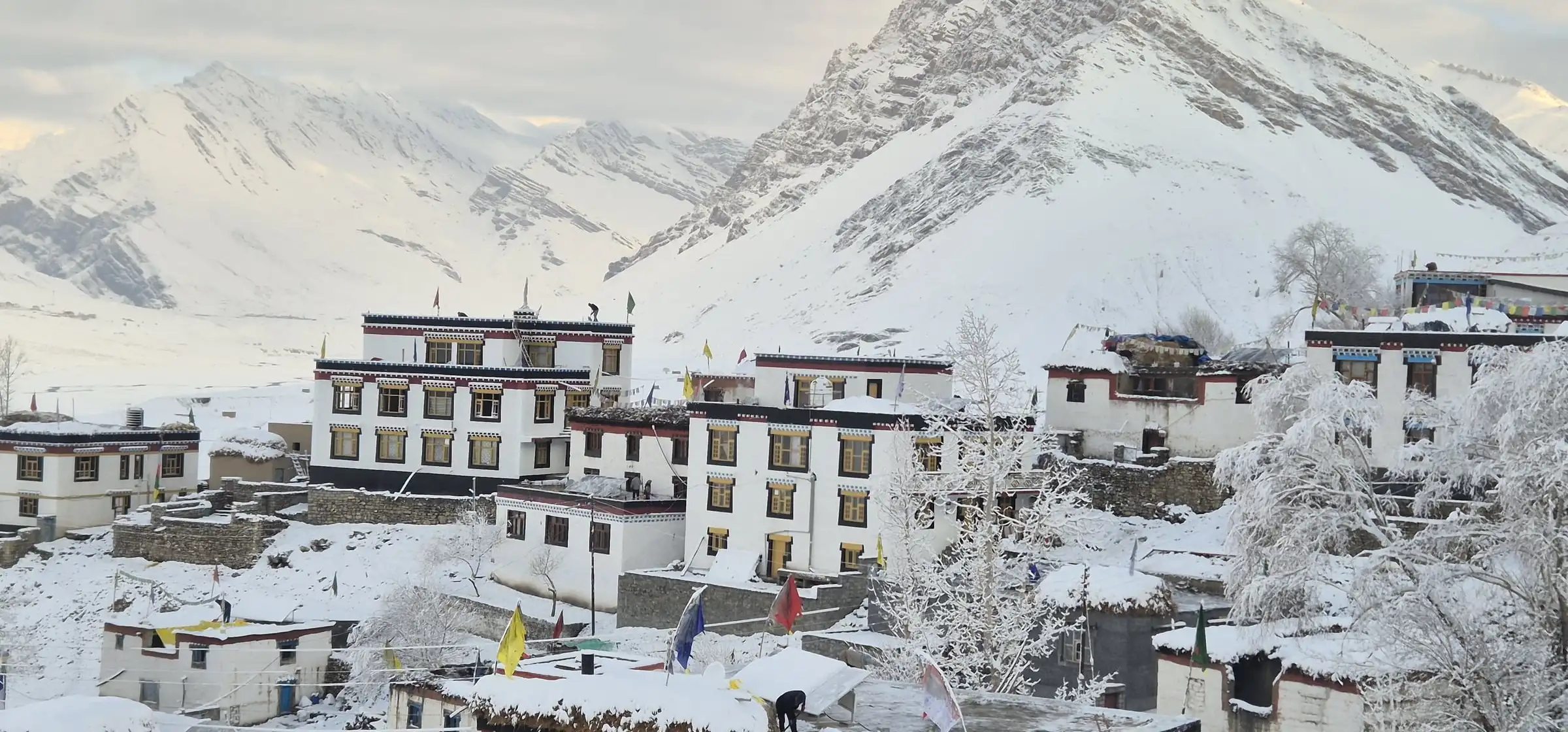 White houses and prayer flags under fresh snow in a Spiti village, with a snow-covered peak behind
